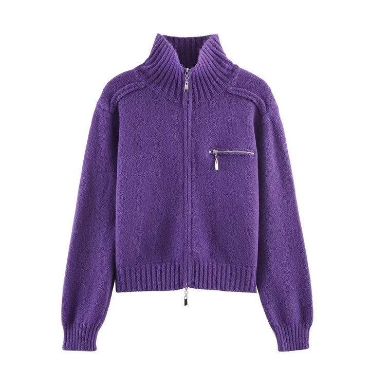 Damen Grobgestrickte Reißverschluss‑Strickjacke mit hohem Rippkragen und Brusttasche Drune