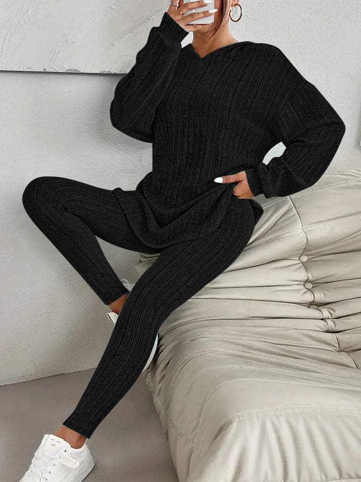Damen Geripptes Feinstrick‑Loungewear‑Set mit Kapuzenpullover und hochtaillierten Leggings Drune