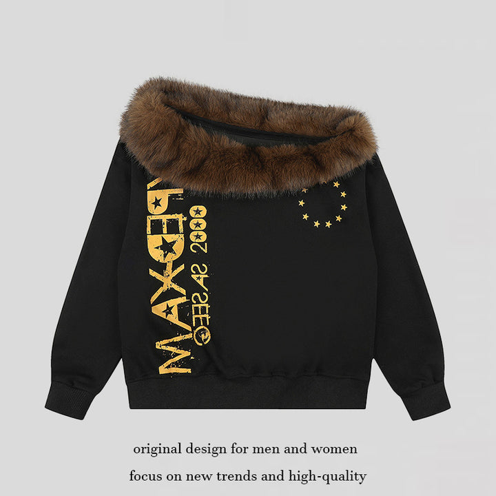 Damen Oversize-Sweatshirt mit Kunstfellkragen, Rippbündchen und Statement-Print Drune