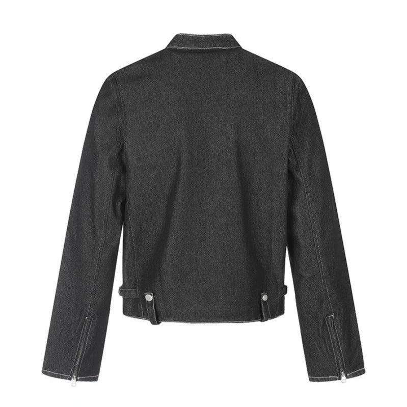 Damen kurze Denim-Bikerjacke mit Stehkragen, Reißverschluss und Druckknopfdetails Drune