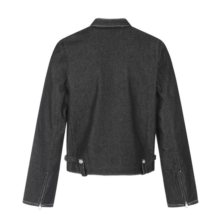 Damen kurze Denim-Bikerjacke mit Stehkragen, Reißverschluss und Druckknopfdetails Drune
