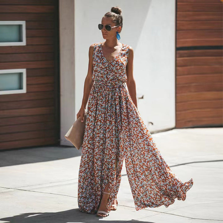 Damen Maxikleid mit floralem Schnitt und schickem Taillengürtel Drune