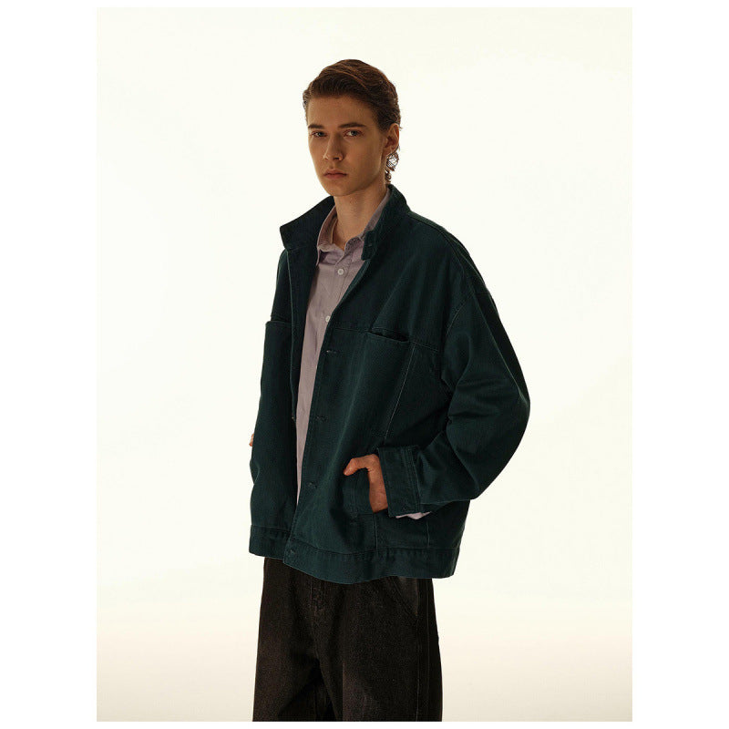 Herren Lockeres Canvas-Overshirt mit Stehkragen, aufgesetzten Eingrifftaschen und markanten Nahtdetails Drune