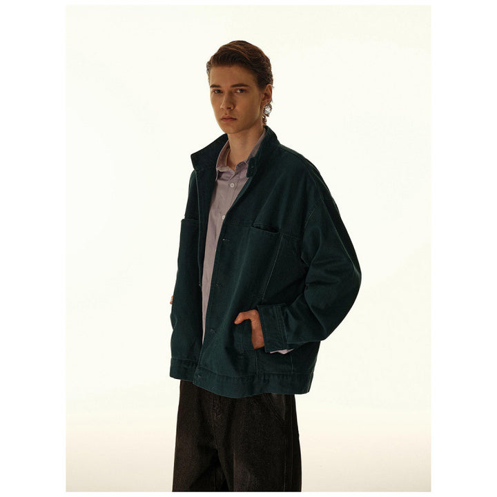 Herren Lockeres Canvas-Overshirt mit Stehkragen, aufgesetzten Eingrifftaschen und markanten Nahtdetails Drune