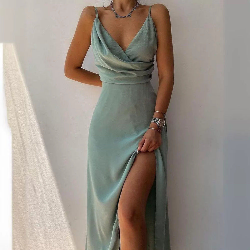 Damen Elegantes Hohe Schlitz Satin Maxi Kleid Drune