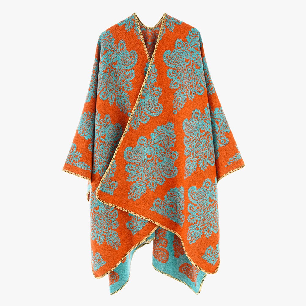 Damen Wollmix-Capeponcho mit beidseitigem Jacquard‑Paisley und kontrastierter Rollkante Drune