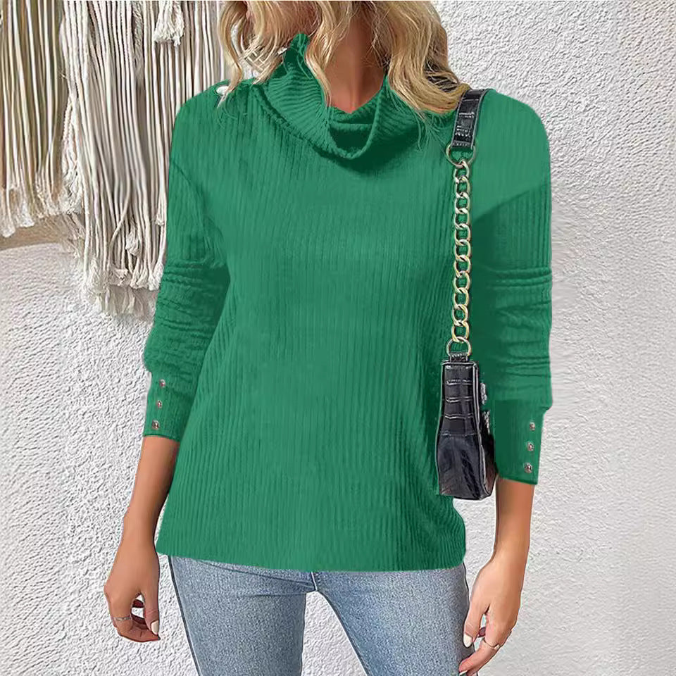 Damen Rippschneider Rollkragenpullover mit 3/4-Ärmeln und dekorativer Knopfleiste Drune