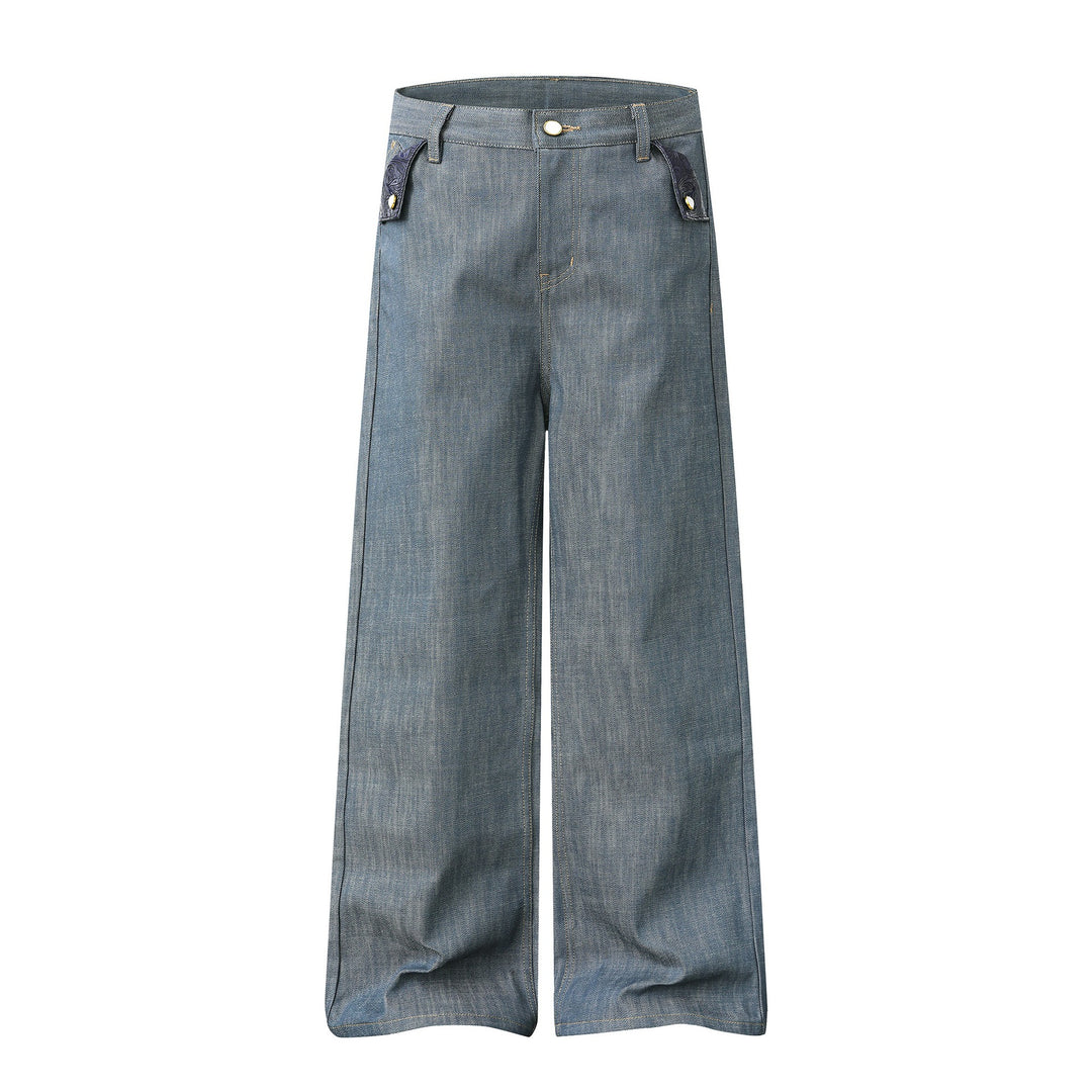 Damen Hochtaillierte weite Jeanshose mit dekorativen Pattentaschen und geradem Bein Drune