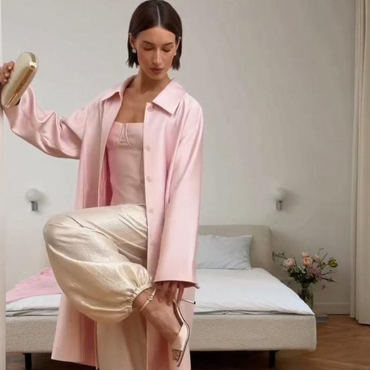Damen leichter satinähnlicher Longmantel im Oversize-Schnitt mit weitem Revers Drune