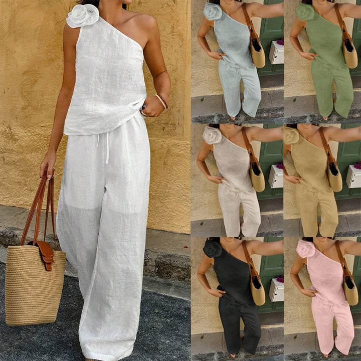 Damen Einschultriger Leinen-Jumpsuit mit Zier-Rosette und weitem Bein Drune