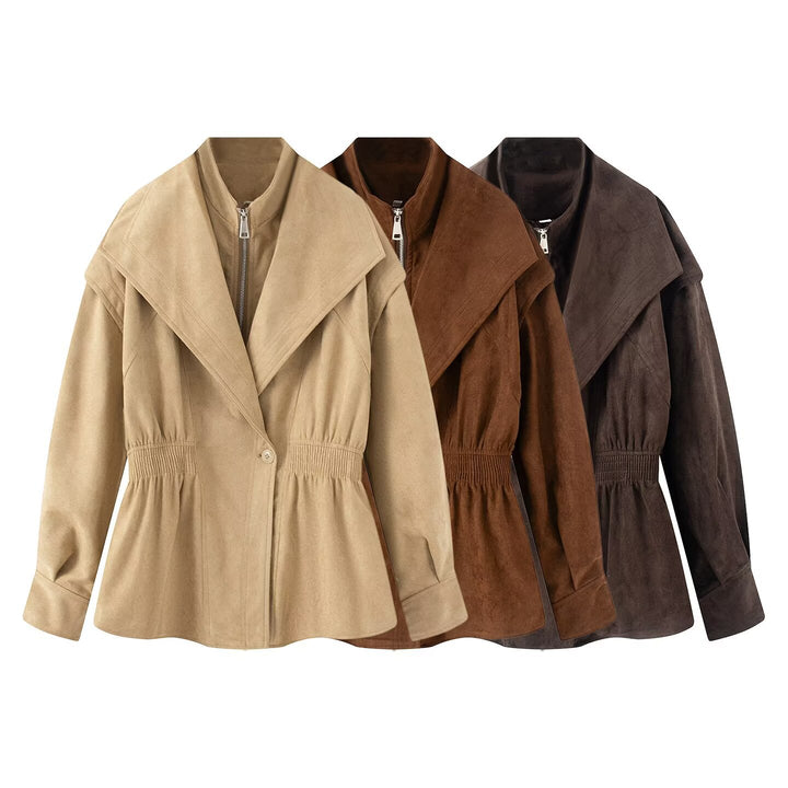 Damen Kurzjacke aus Veloursimitat mit weitem Schalkragen und Taillenraffung Drune