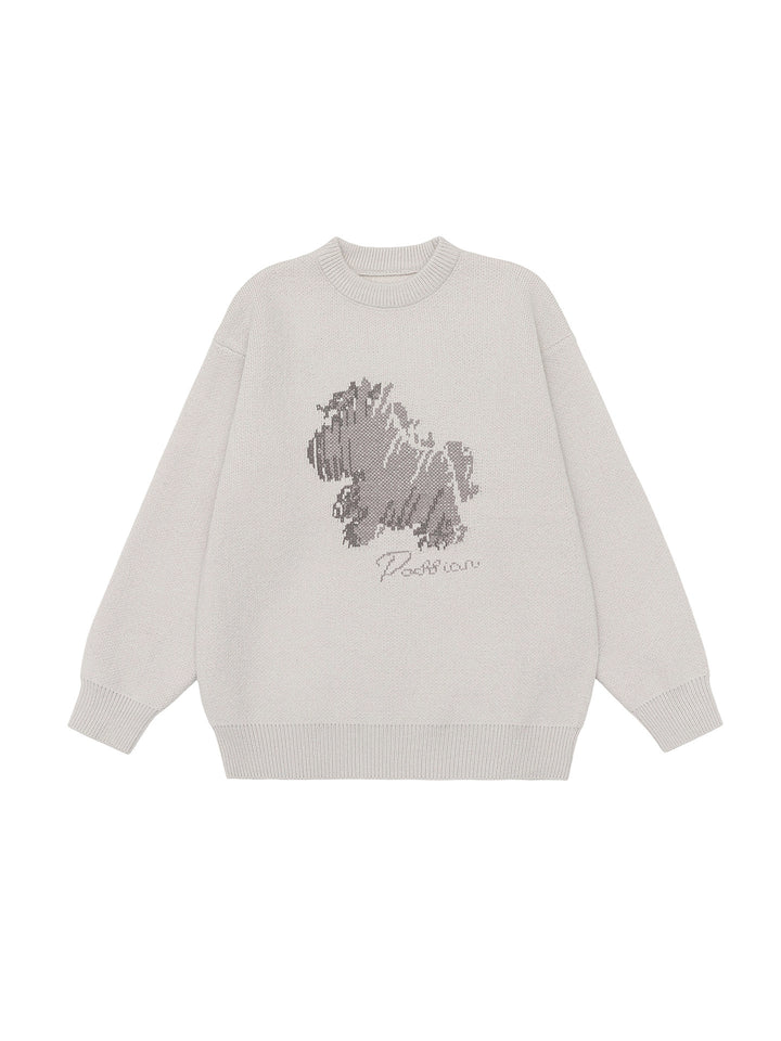 Damen Oversize-Strickpullover mit Jacquard-Hundemotiv und geripptem Saum Drune