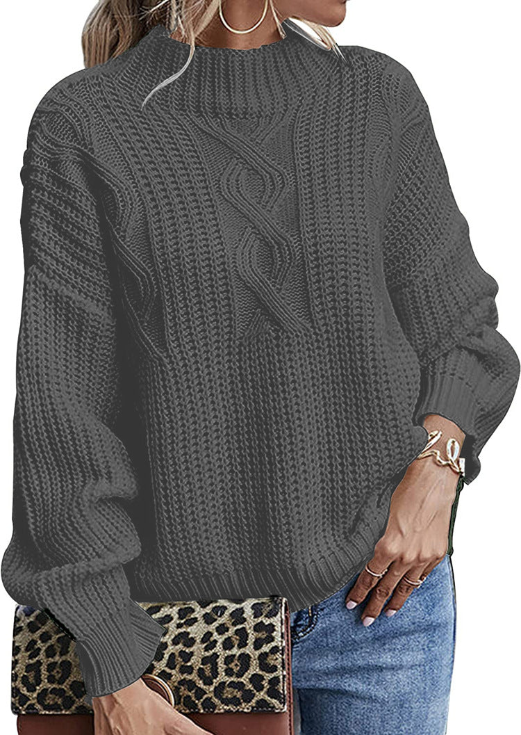 Damen Grobstrickpullover mit hohem Kragen und dekorativem Zopfmuster Drune