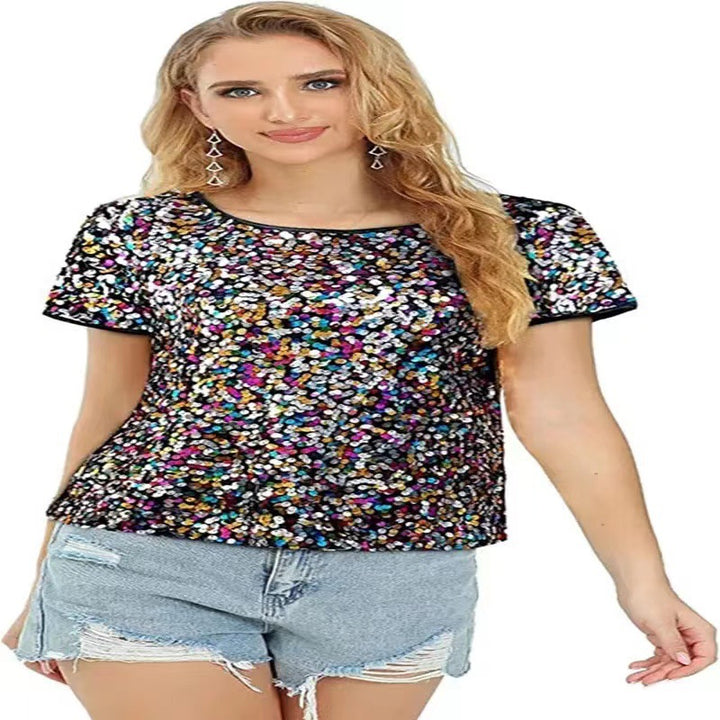 Damen Glitzerndes Pailletten T-Shirt mit lässigem Schnitt und komfortablem Baumwollmaterial Drune