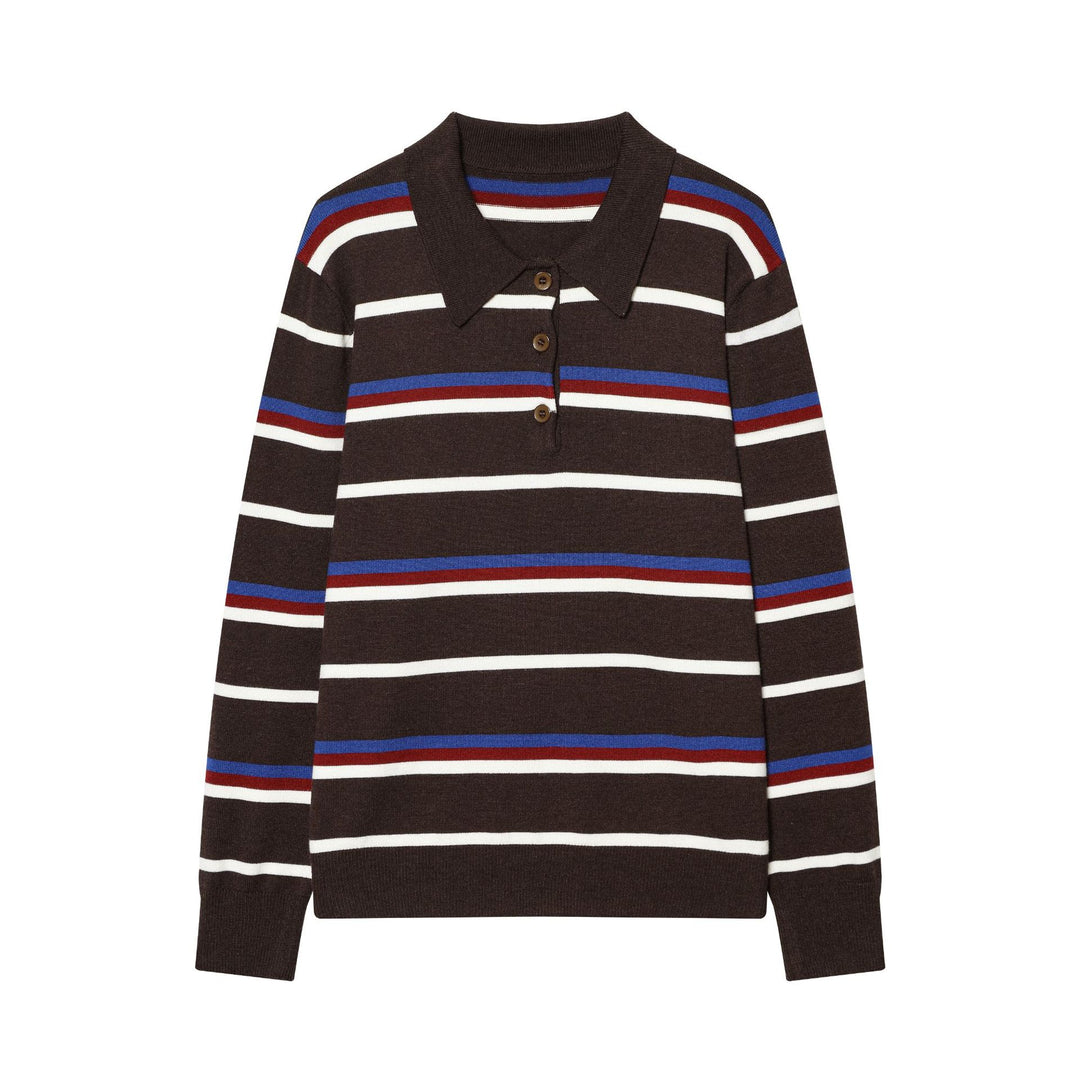 Damen nan gestreifter Feinstrick-Polopullover mit Knopfleiste, Rippbündchen und leichter Wollmischung Drune