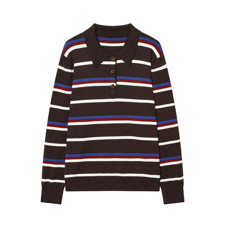 Damen nan gestreifter Feinstrick-Polopullover mit Knopfleiste, Rippbündchen und leichter Wollmischung Drune