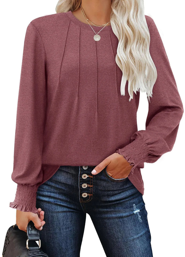 Damen Longsleeve-Tunika mit senkrechten Biesen und gerafften Rüschbündchen Drune
