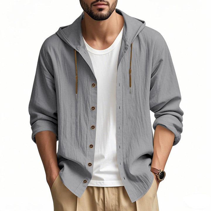 Herren nan leichtes Kapuzenhemdjacke aus Leinenoptik mit durchgehender Knopfleiste Drune