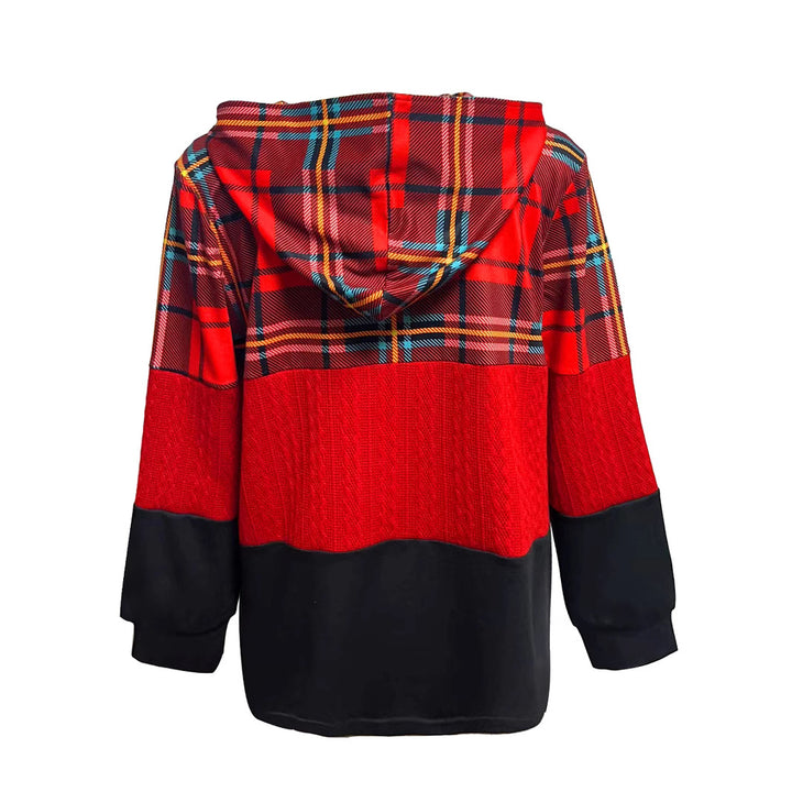 Damen nan lange Kapuzenjacke im Patchwork-Stil mit Karo‑ und Strickeinsätzen, Frontreißverschluss und Eingrifftaschen Drune