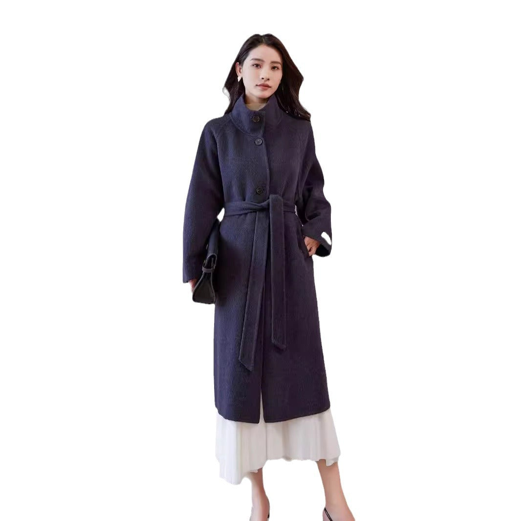 Damen Oversize Wollmantel mit Stehkragen und Taillengürtel Drune