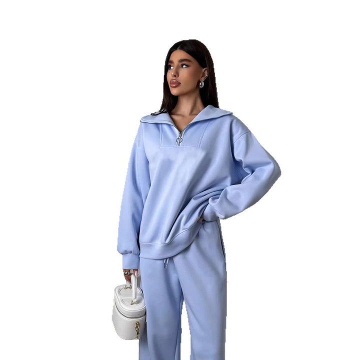 Damen Loungewear-Set mit halbem Reißverschluss und weiter Bügelfalten-Hose Drune