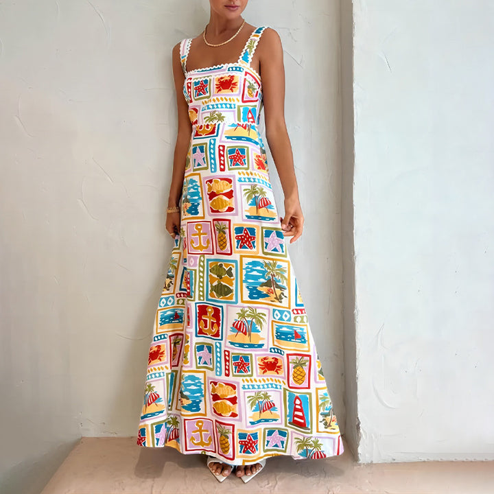 Damen Verspieltes Maxikleid mit buntem Print und schmalen Trägern Drune