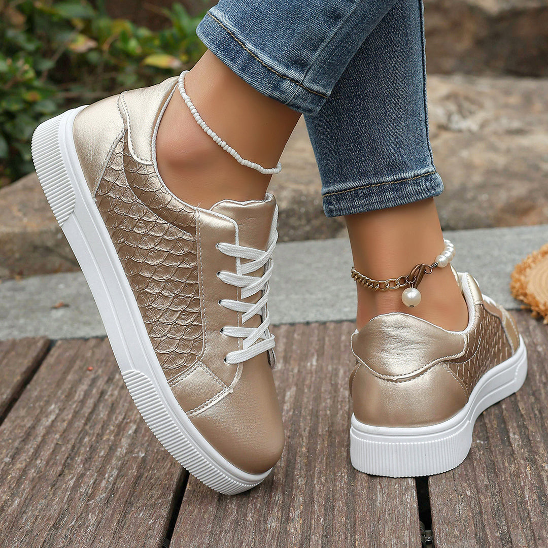 Damen Glänzende Sneaker mit Krokoprägung, gepolstertem Fußbett und rutschfester Profilsohle Drune