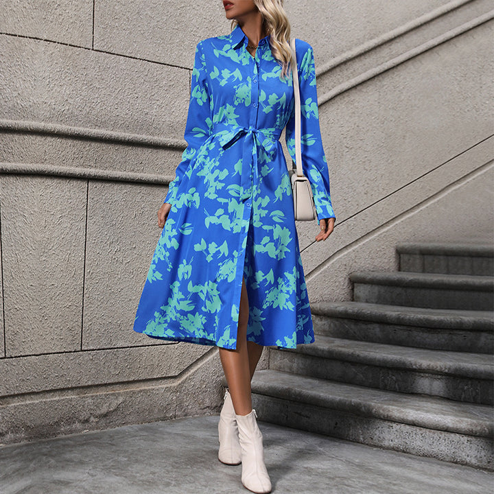 Damen Langärmliges Hemdblusenkleid mit Taillengürtel Drune
