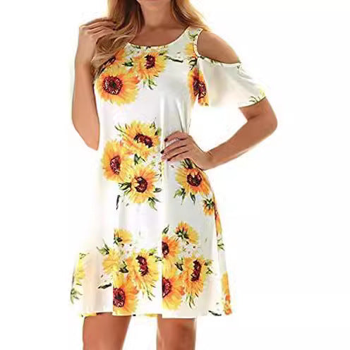 Damen Sommerkleid mit floralem Design und Schulterfreiem Schnitt Drune