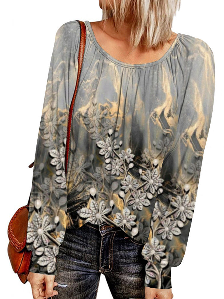 Damen Ethno-Print Oversize-Tunika mit Rundhalsausschnitt und langen Ballonärmeln Drune