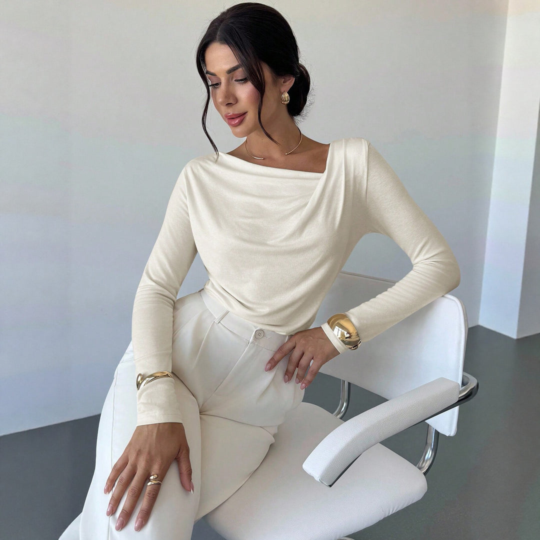 Damen elegantes drapiertes Langarm-Top mit Wasserfallkragen und taillierter Silhouette Drune