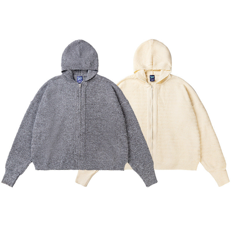 Unisex Strick-Kapuzenjacke mit Strukturmuster und durchgehendem Reißverschluss Drune