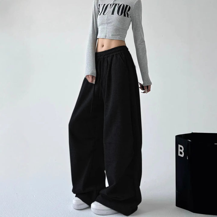 Damen weit geschnittene High-Waist Loungehose mit elastischem Bund, Tunnelzug und seitlichen Eingrifftaschen Drune