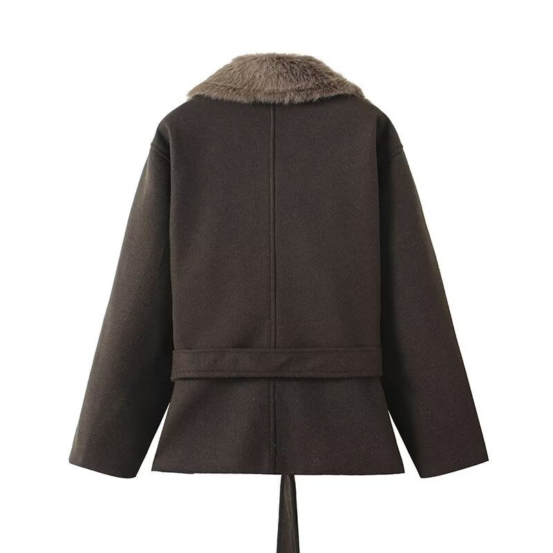 Damen Übergangsjacke mit luxuriösem Kunstfellkragen und Taillengürtel Drune