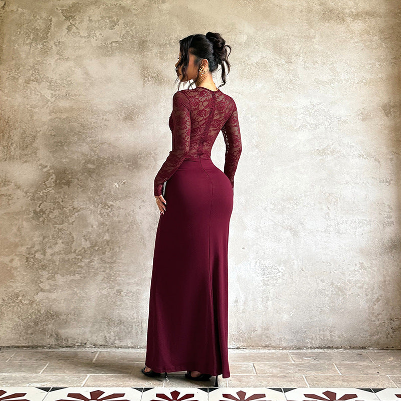 Damen elegantes Langarmkleid mit Spitzenoberteil und figurbetontem Schnitt Drune
