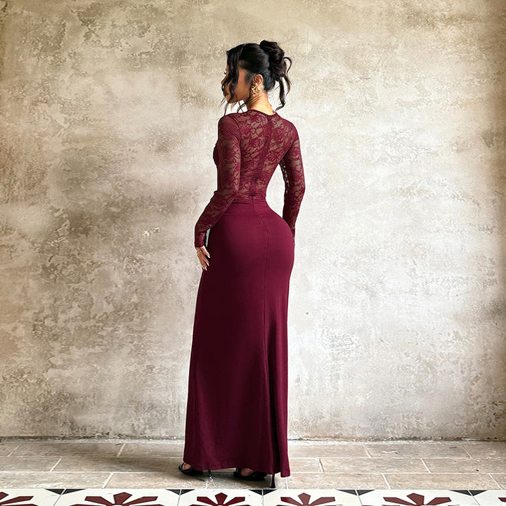 Damen elegantes Langarmkleid mit Spitzenoberteil und figurbetontem Schnitt Drune