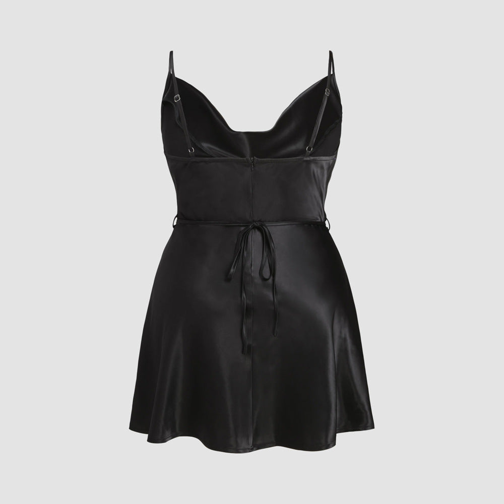 Damen elegantes Satin-Kleid mit verstellbaren Trägern und Taillenband Drune