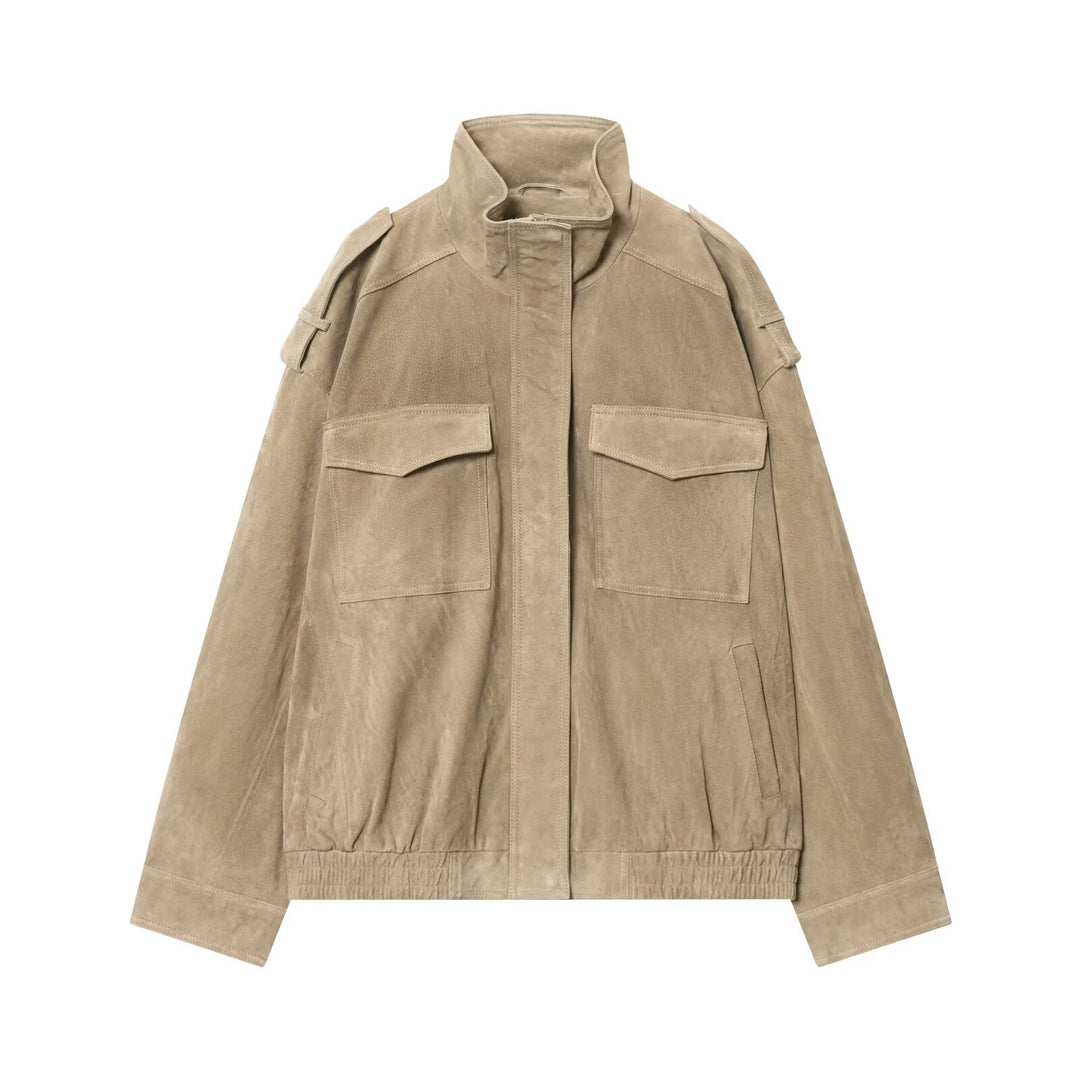 Damen Wildleder-Fieldjacke mit Stehkragen, Epauletten und aufgesetzten Brusttaschen Drune