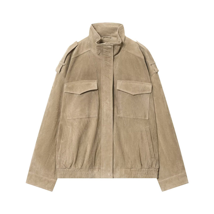 Damen Wildleder-Fieldjacke mit Stehkragen, Epauletten und aufgesetzten Brusttaschen Drune