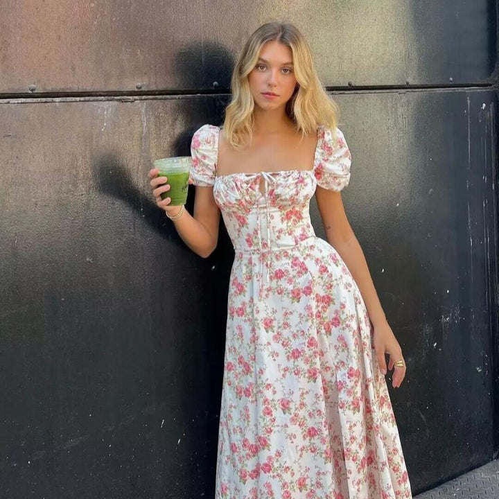 Damen Sommerliches Blumenkleid mit hochgeschlossenem Ausschnitt und Puffärmeln Drune