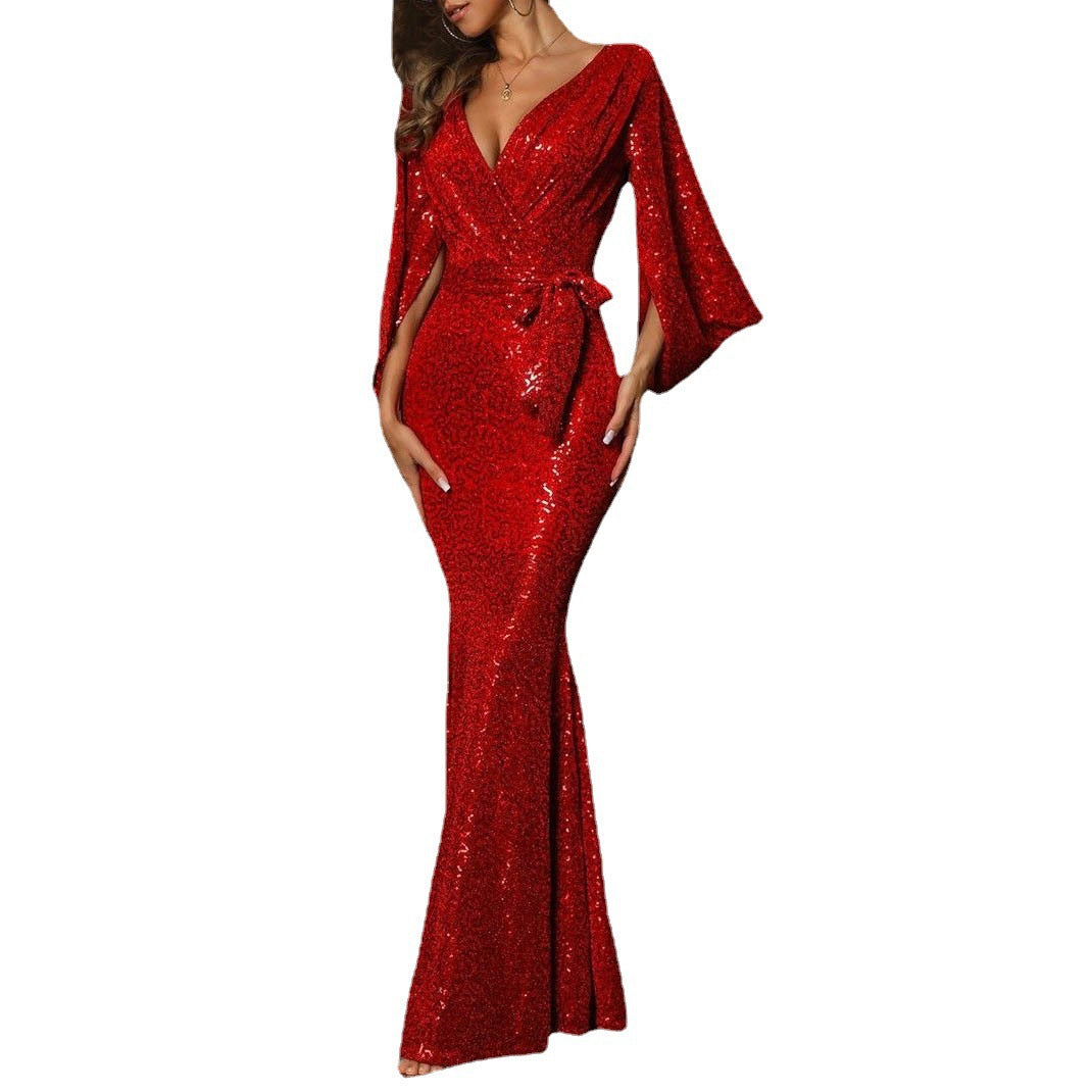 Damen Umspielendes Abendkleid mit glitzerndem Paillettenbesatz und weitem Ärmel Drune