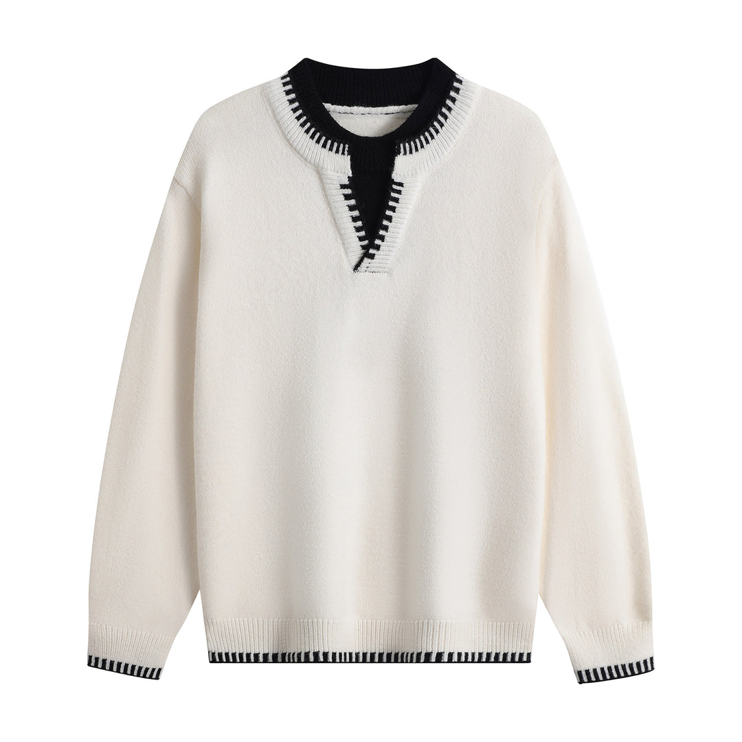 Unisex Oversize-Feinstrickpullover mit V-Notch & kontrastiertem Rippenkragen Drune