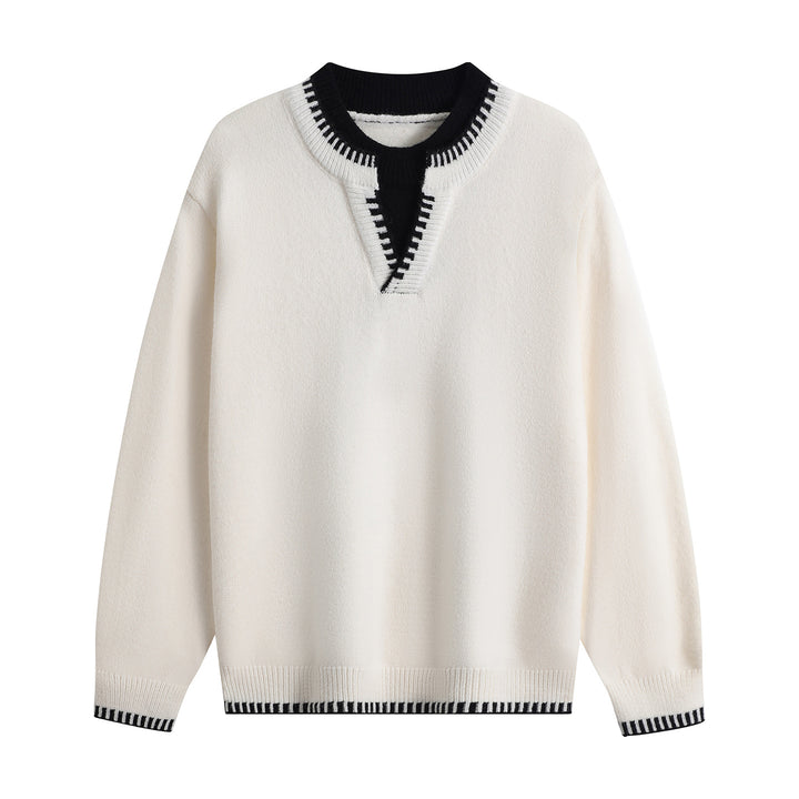 Unisex Oversize-Feinstrickpullover mit V-Notch & kontrastiertem Rippenkragen Drune