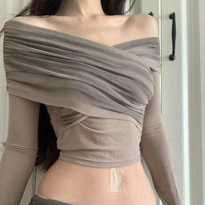 Damen Oberteil mit raffiniertem Wickeldesign und transparenten Ärmeln Drune