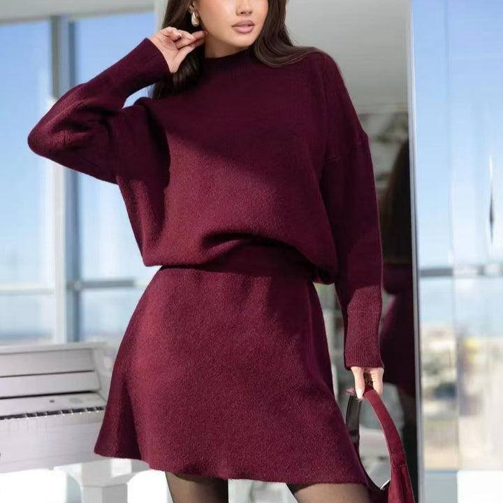 Damen luxuriöses Strickensemble mit hohem Kragen und ausgestellten Ärmeln Drune