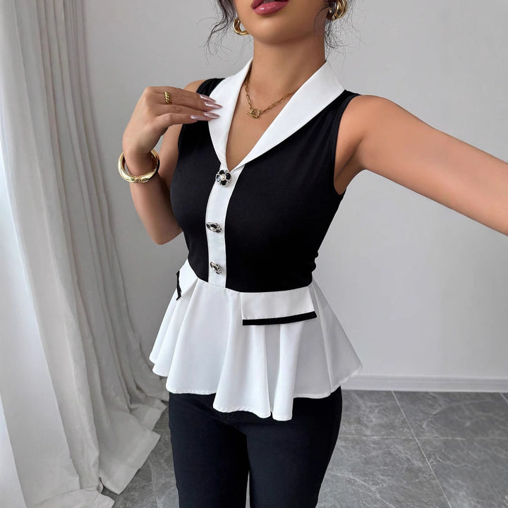 Damen Elegantes Peplum-Oberteil mit Kragen und Knopfdetaillierung Drune