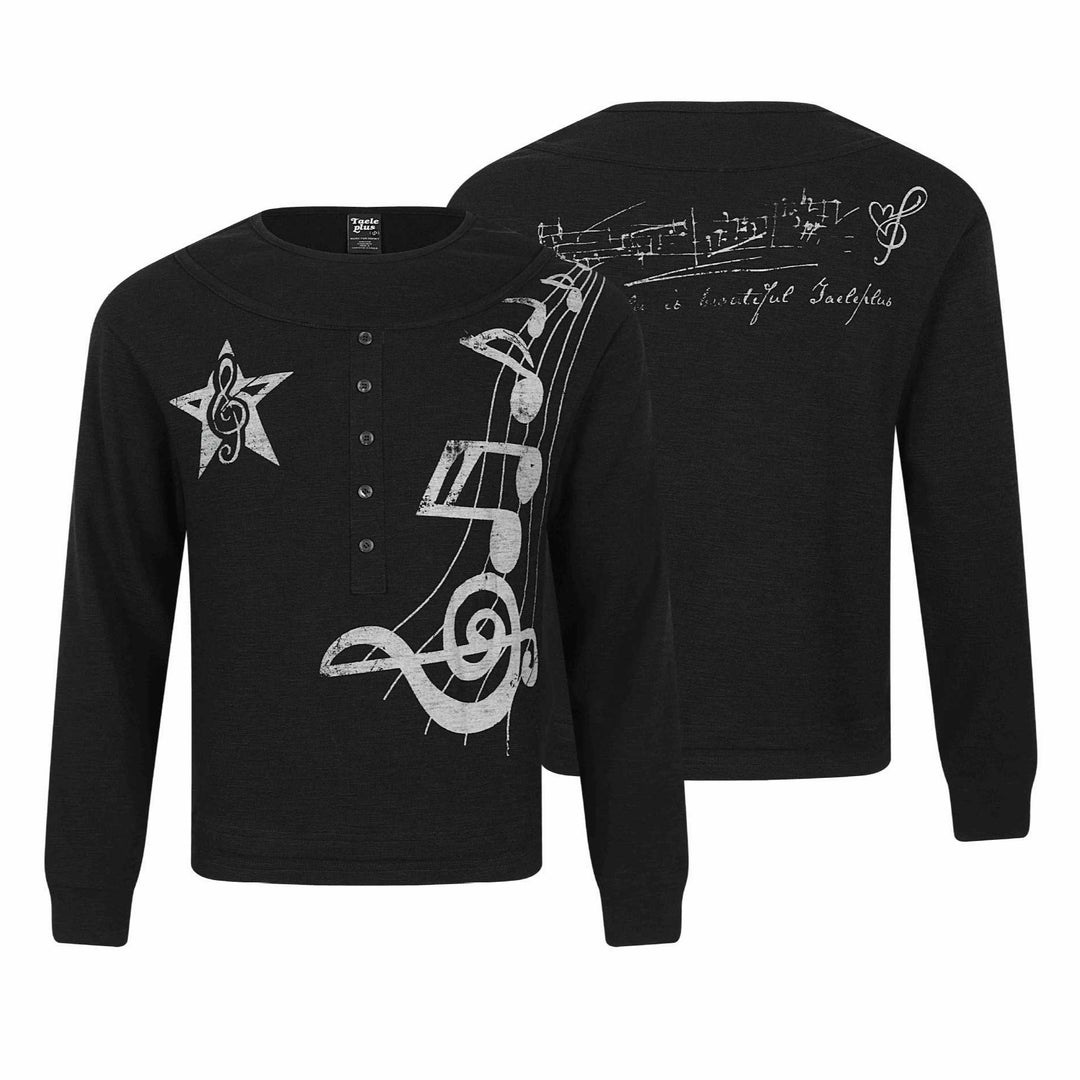 Damen Langarmshirt im Henley-Style mit musikalischem Print und Rundhalsausschnitt Drune