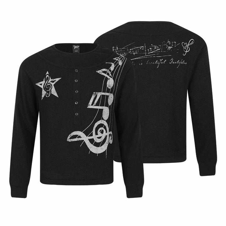 Damen Langarmshirt im Henley-Style mit musikalischem Print und Rundhalsausschnitt Drune