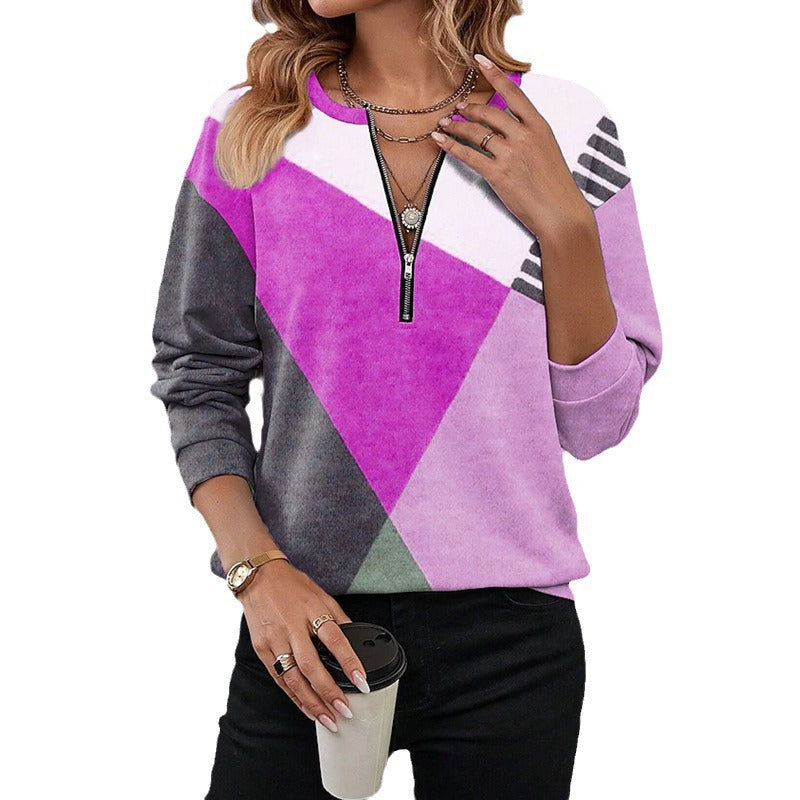 Damen Freizeitsweatshirt mit Halbzipp und geometrischem Farbkombinationsmuster Drune