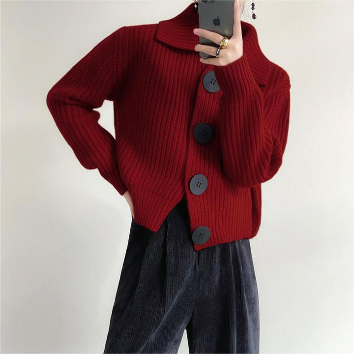 Damen Kuschelige Strickjacke mit breiten Knöpfen und klassischem Kragen Drune